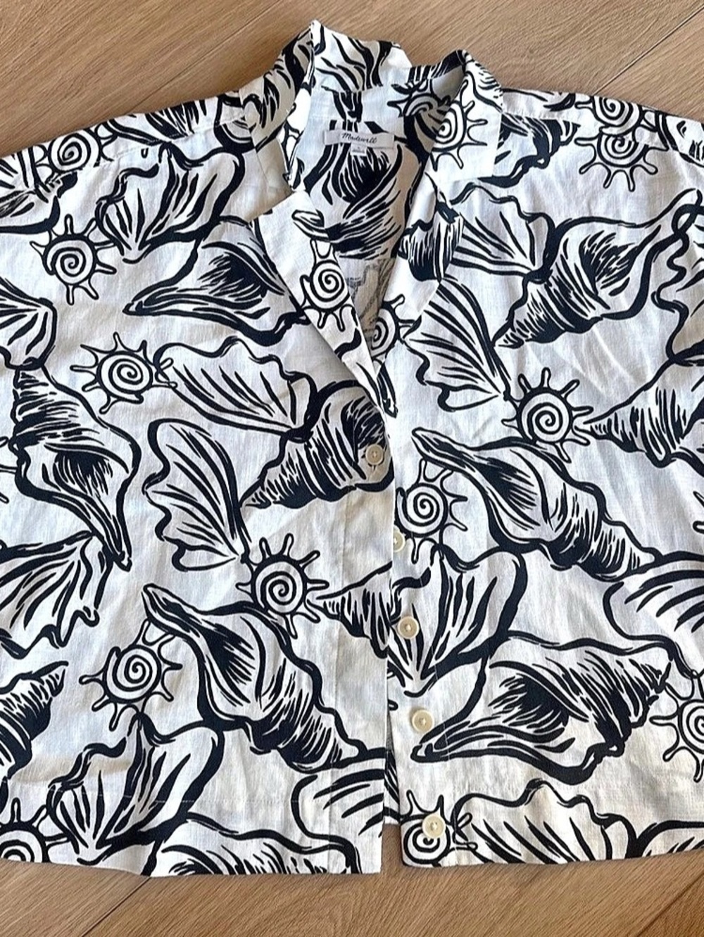 Madewell Linen Seashell Print Camp Shirt White & Black Large